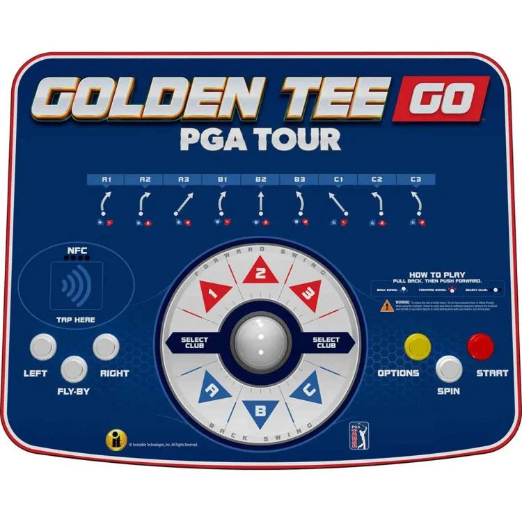 Golden Tee Go PGA Tour control panel with buttons and display on a blue background