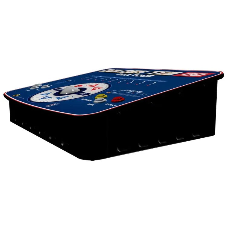 Video game console with a colorful display on a white background
