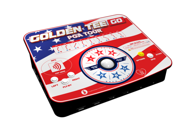 Golden Tee arcade game console with American flag design on a white background