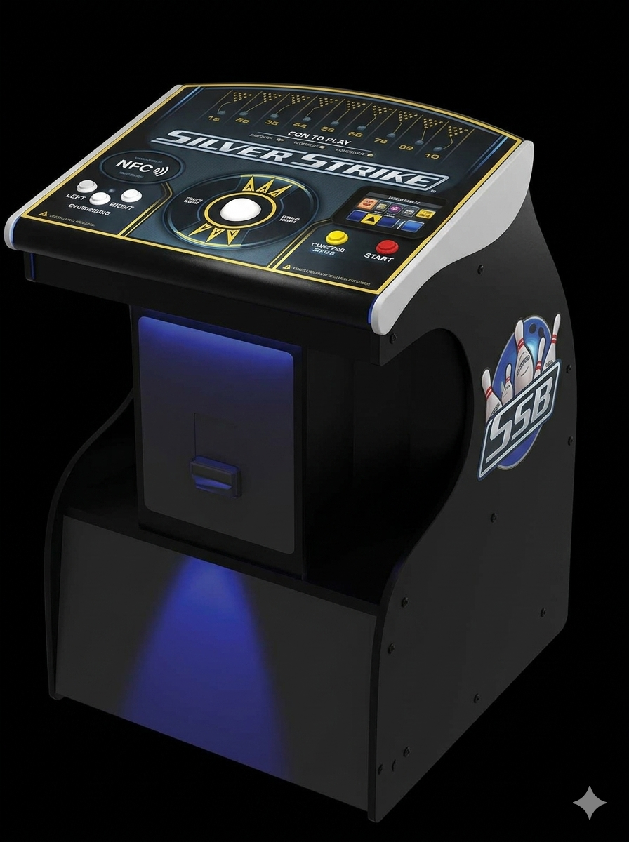 A black arcade machine cabinet labeled 'SILVER STROKE' with a control panel on top, blue illuminated display area, and a side logo reading '555', shown on a black background.