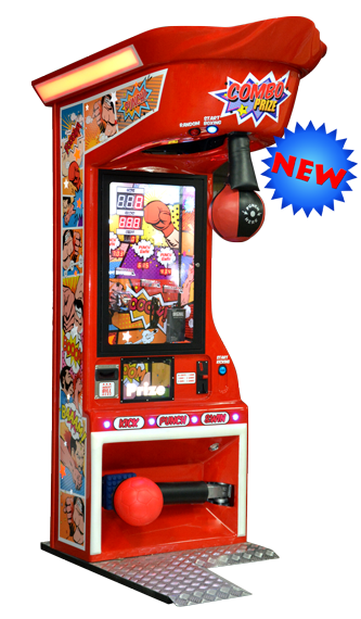 A red and blue Kalkomat Boxer Combo Prize arcade game machine with a boxing theme, featuring a screen and a punching mechanism.