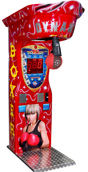 Red arcade boxing machine with digital score display and coin slot.