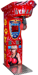 Red arcade boxing machine with digital score display and coin slot.