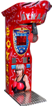 Red arcade boxing machine with digital score display and coin slot.