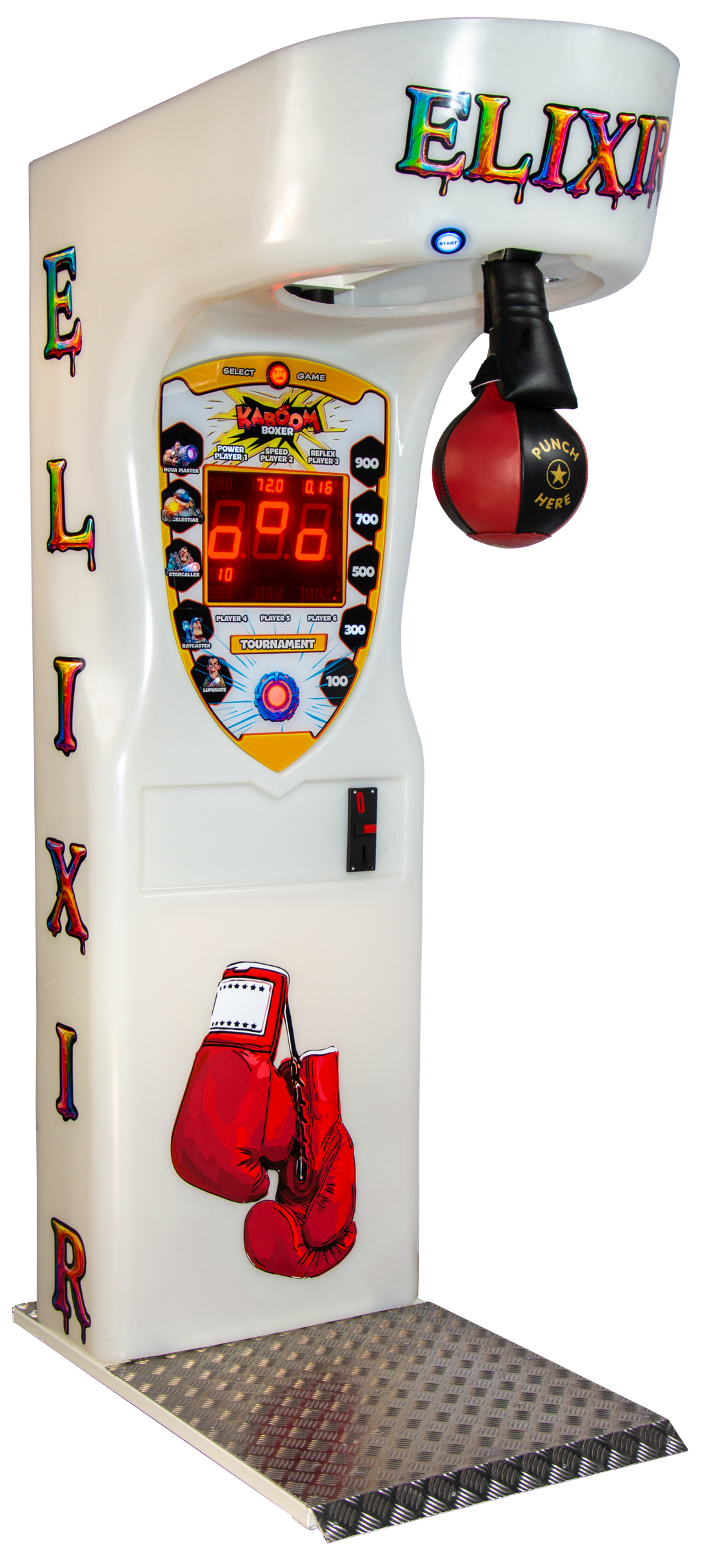 Vintage arcade machine with boxing gloves and 'Elixir' branding on a white background