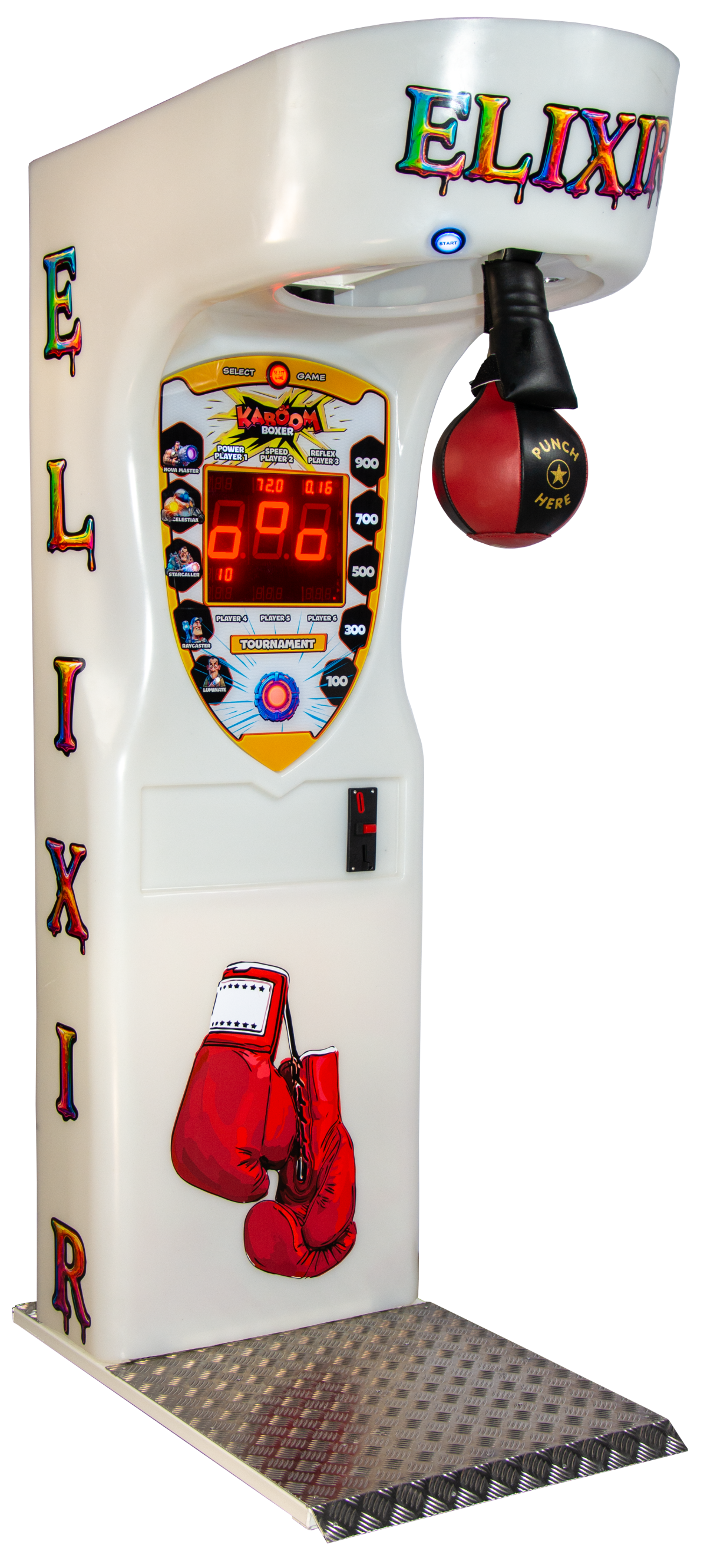 Vintage arcade machine with boxing gloves and 'Elixir' branding on a white background