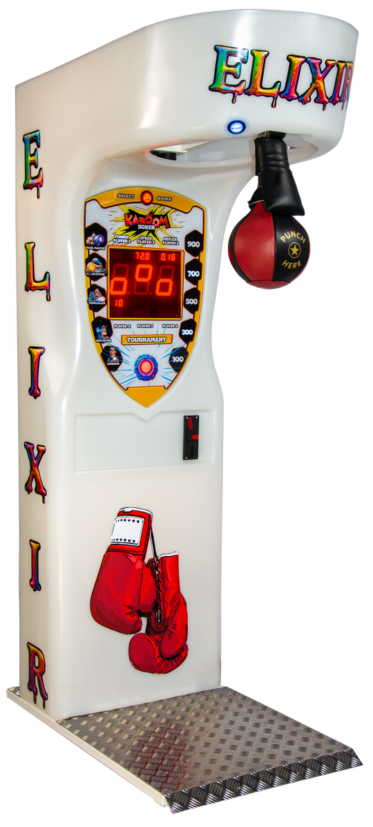 Vintage arcade machine with boxing gloves and 'Elixir' branding on a white background