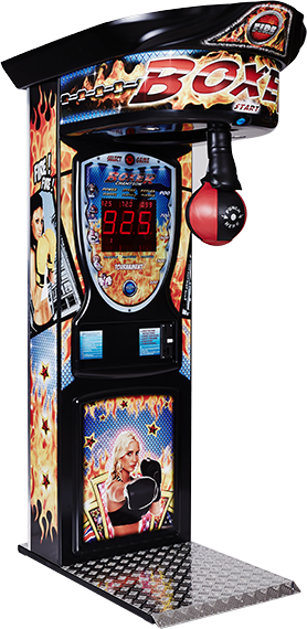 A standing arcade boxing machine with colorful graphics, displays, and a punching bag on top.