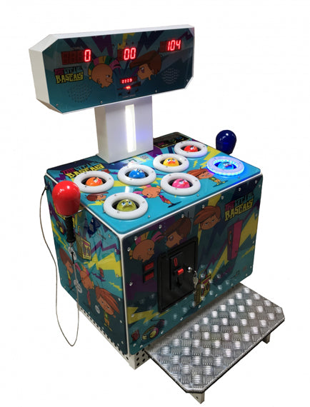 Outdoor electronic arcade game with colorful panels, digital score display, and two hammers on top.
