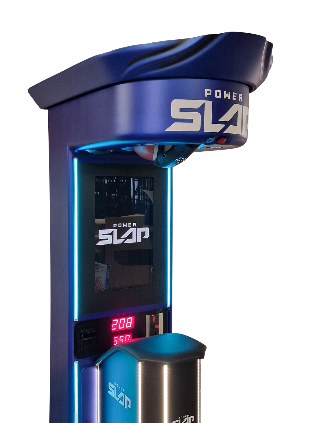 Blue Power Slap machine with digital display on a white background
