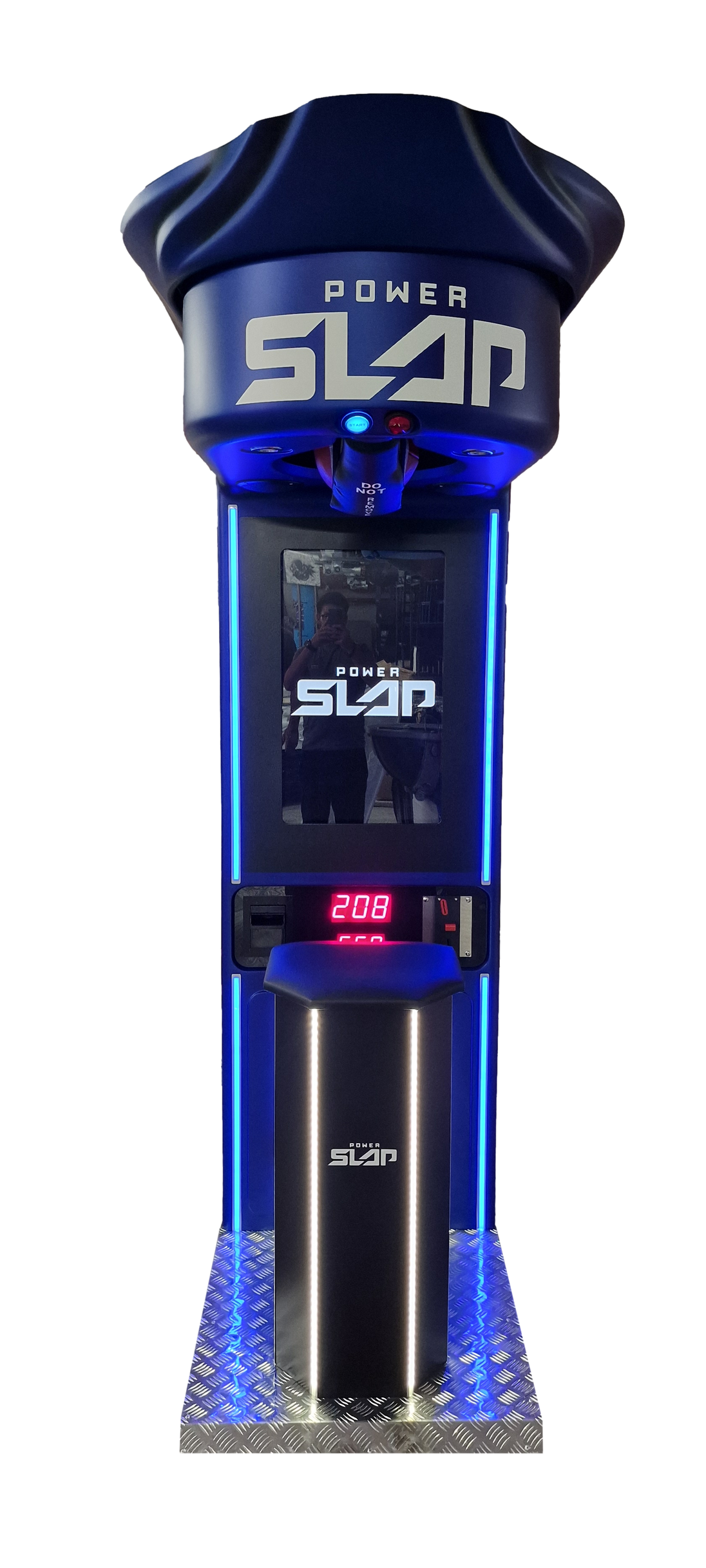 Blue and black power slap machine with digital display on a clear background