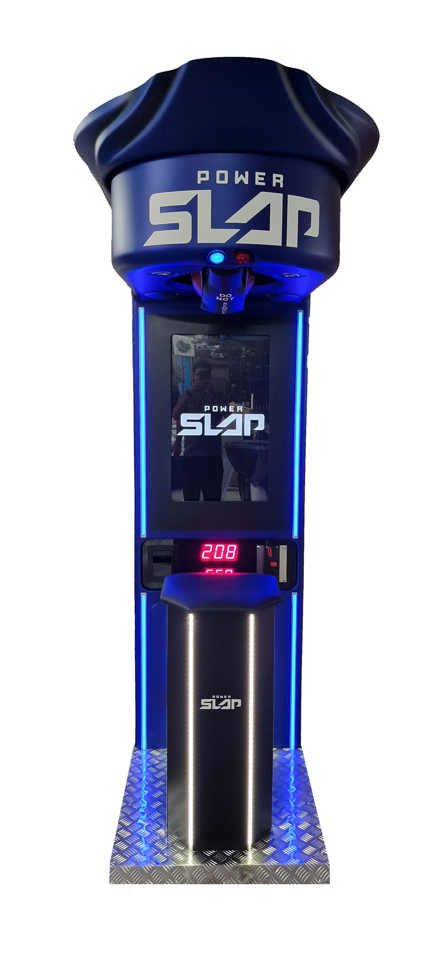 Blue and black power slap machine with digital display on a clear background