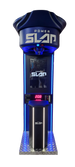 Blue and black power slap machine with digital display on a clear background