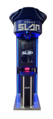 Blue and black power slap machine with digital display on a clear background