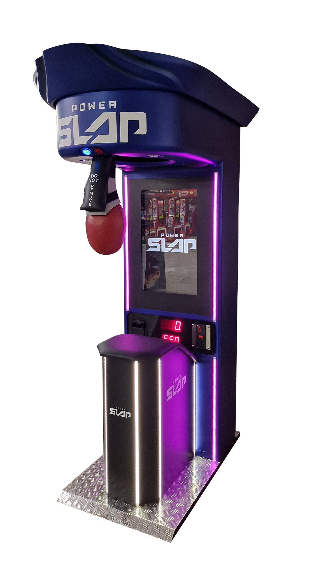 Boxing glove and punching bag machine with digital display on a white background