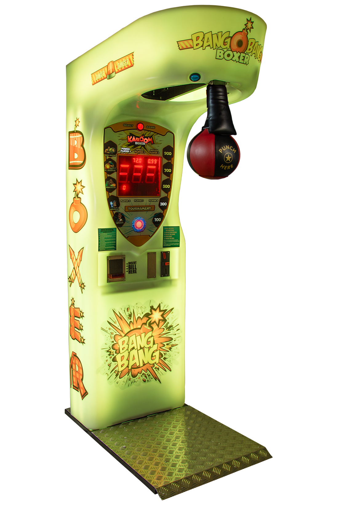 Vintage arcade boxing game machine with bright green color and colorful graphics.