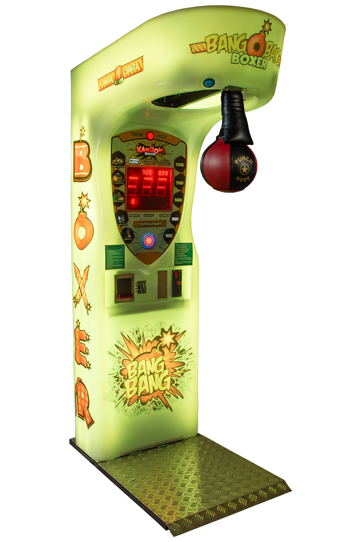 Vintage arcade boxing game machine with bright green color and colorful graphics.