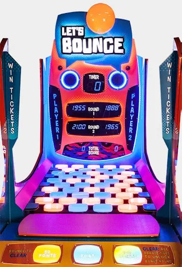 Arcade game machine for 'Let's Bounce' with colorful design, multiple buttons, and a display screen.