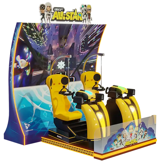 Video game arcade machine with 'Ubisoft All-Star' branding and character figures on top.