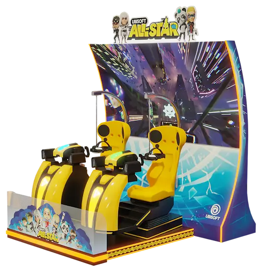 Video game arcade machine with yellow seats and colorful display, featuring Ubisoft branding.
