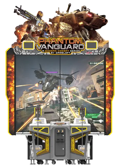 Gaming arcade machine with 'Phantom Vanguard' branding and a large screen displaying a video game.