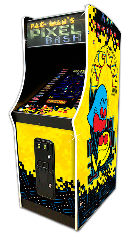 An arcade cabinet featuring Pac-Man's Pixel Bash game theme with colorful graphics and a blue joystick.
