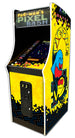 An arcade cabinet featuring Pac-Man's Pixel Bash game theme with colorful graphics and a blue joystick.