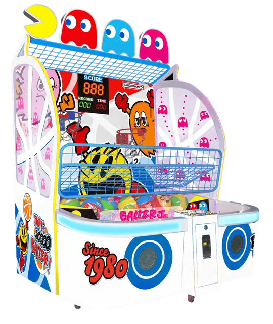 Colorful arcade game machine with vintage design elements on a white background