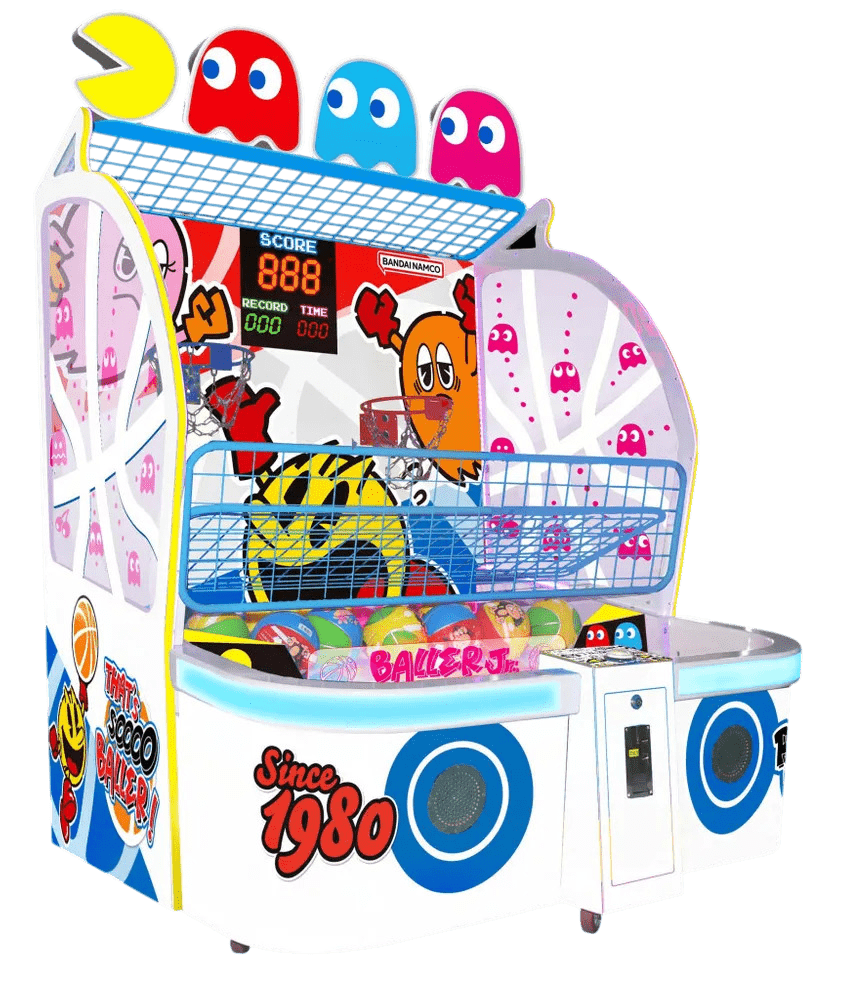 Colorful arcade game machine with vintage design elements on a white background