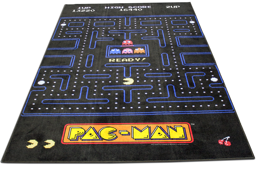 An area rug featuring the iconic Pac-Man game maze pattern with Pac-Man and the ghosts on a black background.