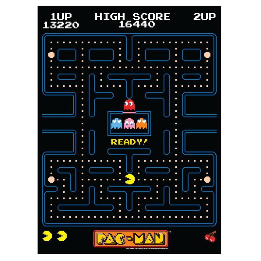 An area rug featuring the iconic Pac-Man game maze pattern with Pac-Man and the ghosts on a black background.