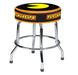 A silver-colored metal bar stool with a black and orange seat featuring the 'PAC-MANCAVE' logo and the Pac-Man game logo.