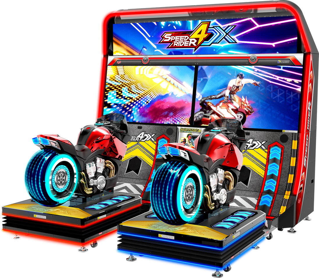 Amusement arcade machine with 'Speed Rider 4X' graphics on a white background