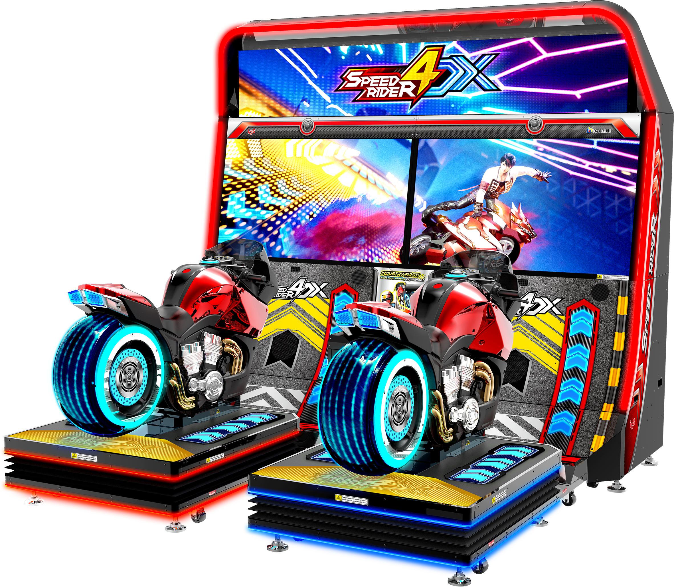 Amusement arcade machine with 'Speed Rider 4X' graphics on a white background