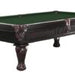 A traditional solid wood pool table with a 1-inch framed slate and ball and claw style legs, shown in a mahogany finish.