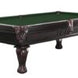 A traditional solid wood pool table with a 1-inch framed slate and ball and claw style legs, shown in a mahogany finish.