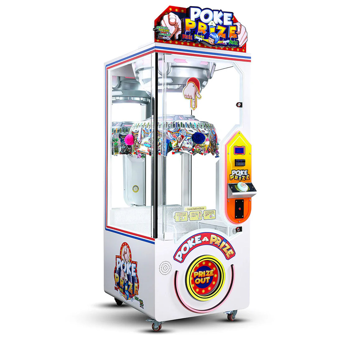 Gumball machine with colorful design and 'Poke a Prize' branding on a white background
