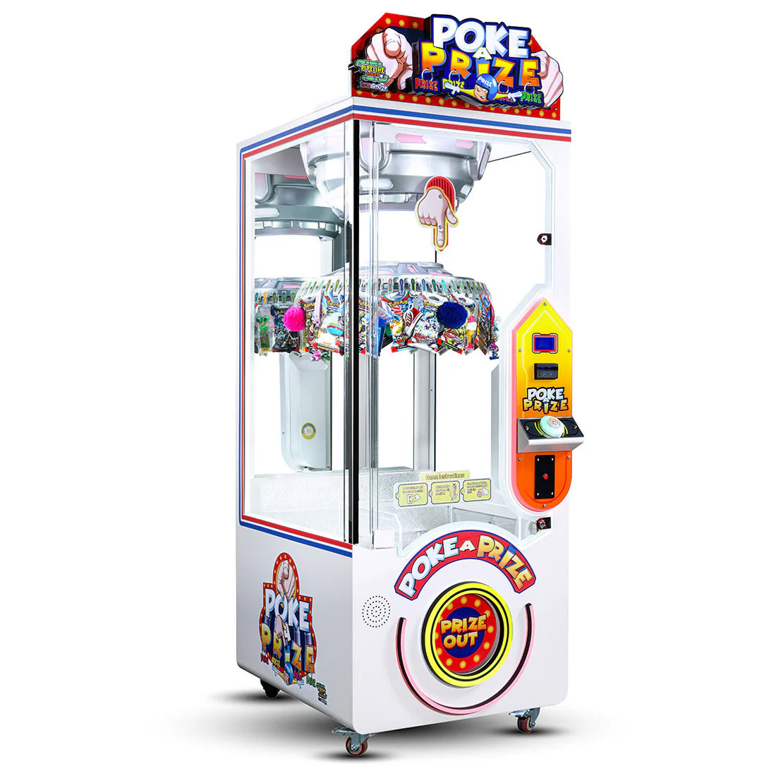 Gumball machine with colorful design and 'Poke a Prize' branding on a white background