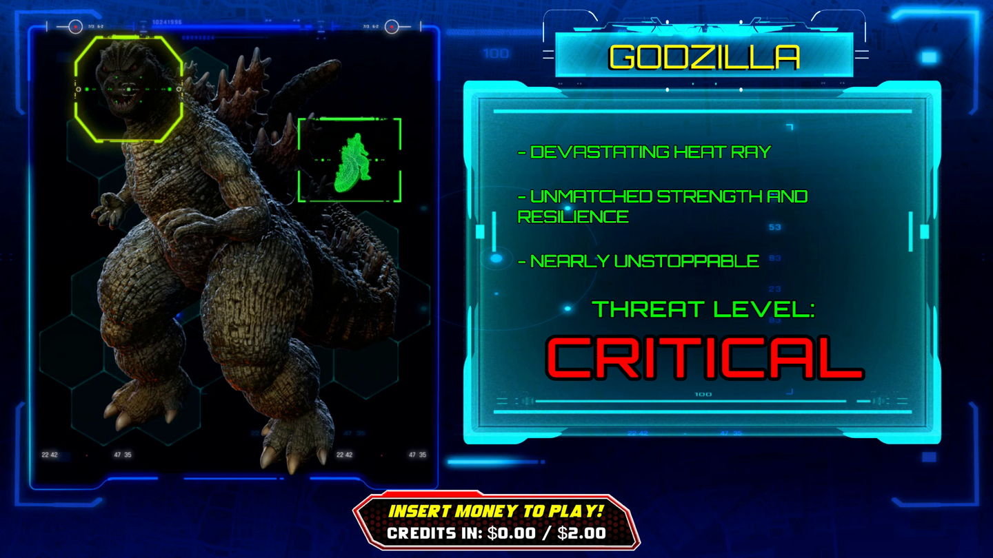 Video game screen with Godzilla character and critical threat level display