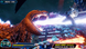 Video game screen with a large creature and cityscape in the background