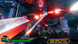 Video game screen with futuristic cityscape and spaceship battle