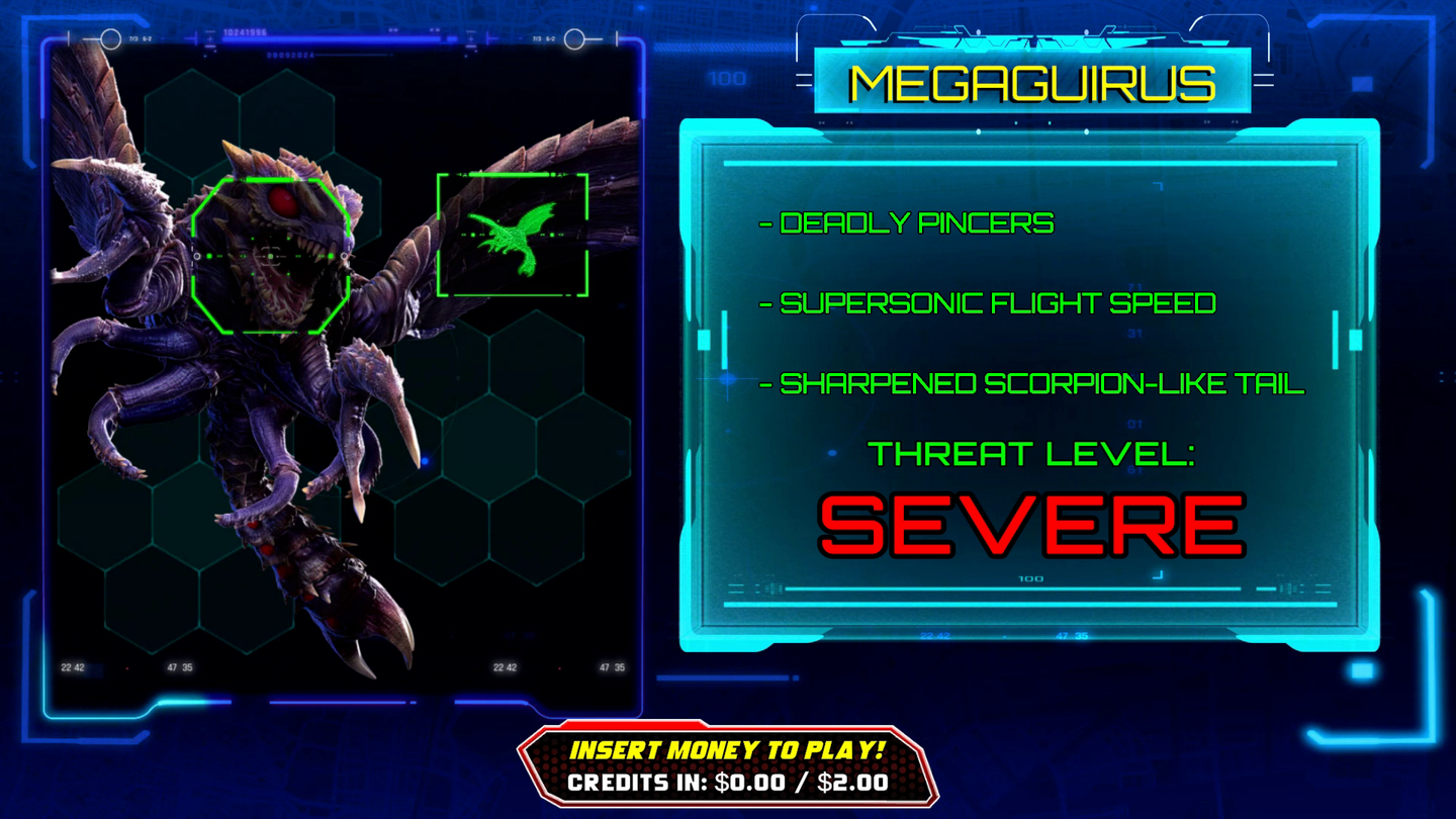 Video game screen with a creature named Megaguirus and its stats on a dark background.
