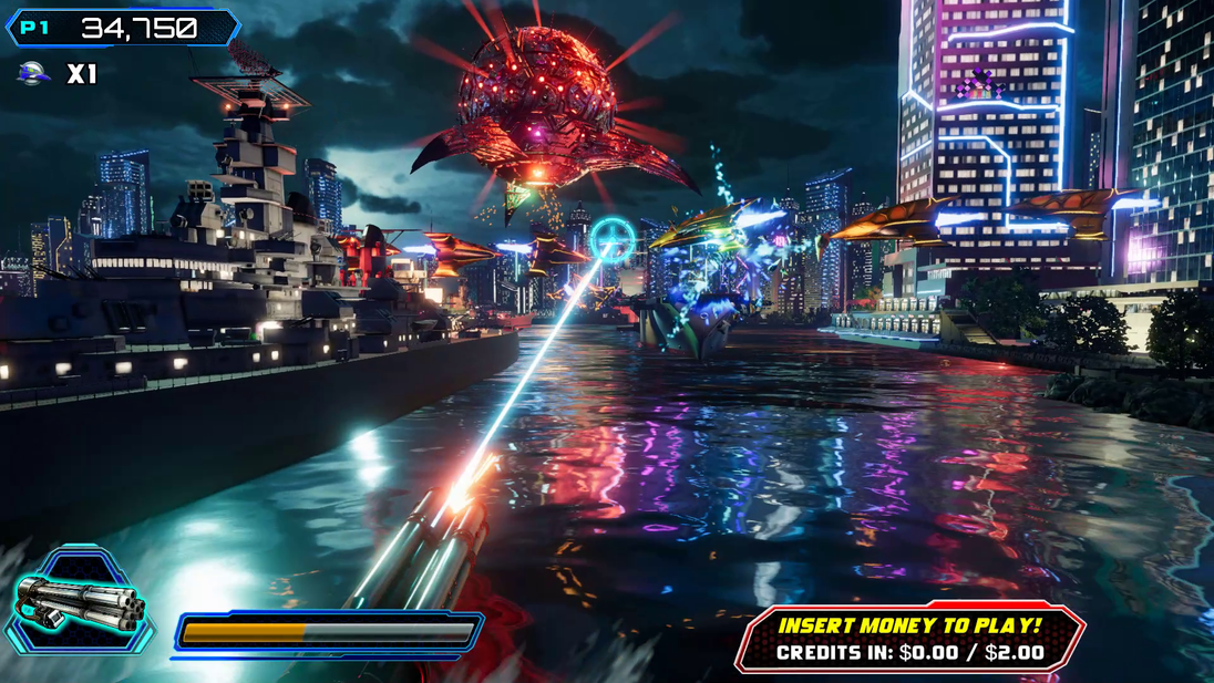 Surreal cityscape with futuristic architecture and a large alien-like creature, likely from a video game.