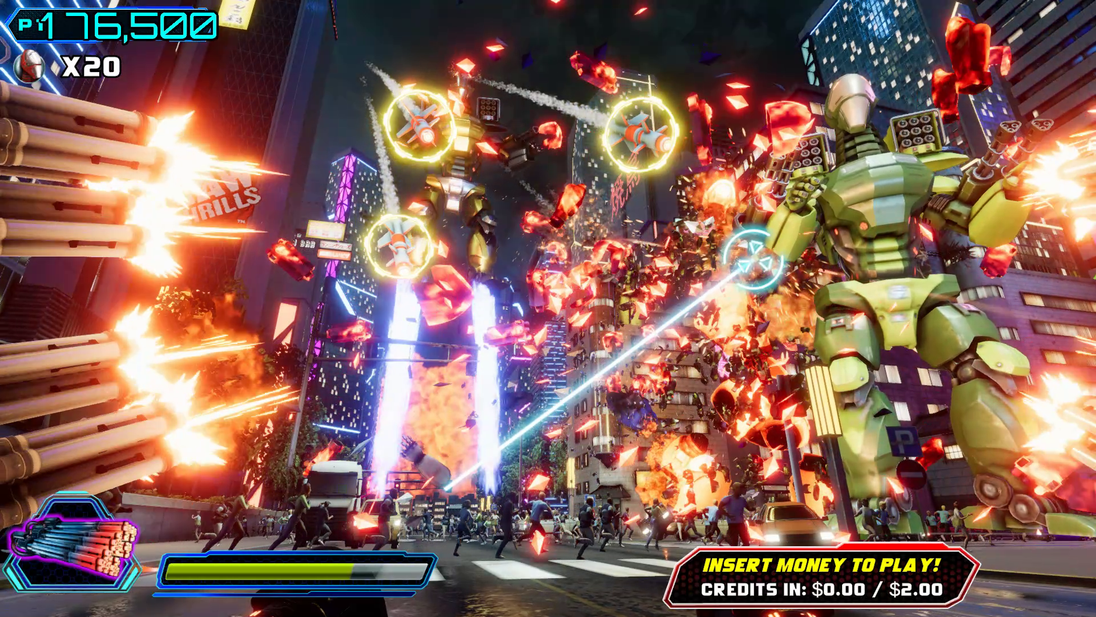 Video game screen with a robot character in a vibrant, action-packed scene.