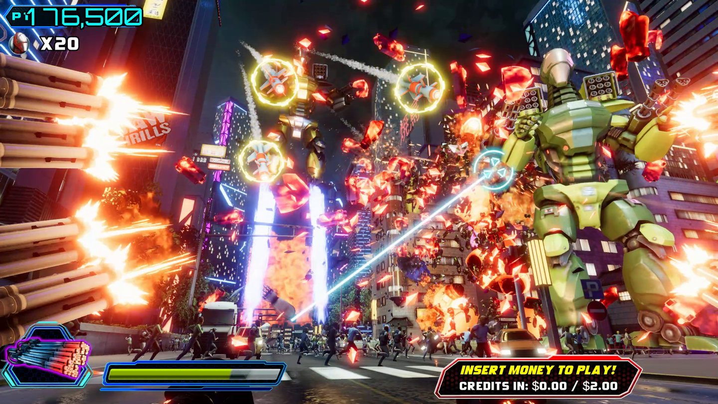 Video game screen with a robot character in a vibrant, action-packed scene.