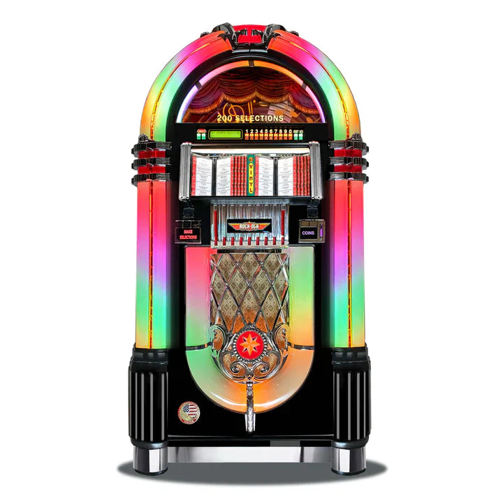 Vintage-style jukebox with colorful rainbow design on a white background