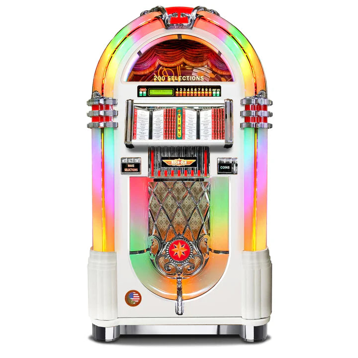 Colorful vintage-style jukebox with rainbow lights on a white background