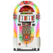 Colorful vintage-style jukebox with rainbow lights on a white background
