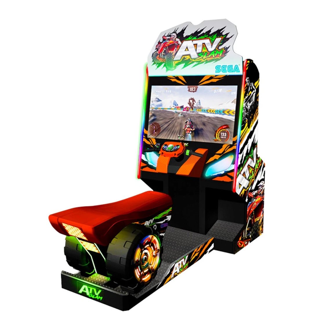Sega ATV arcade machine with colorful design and screen displaying a racing game.