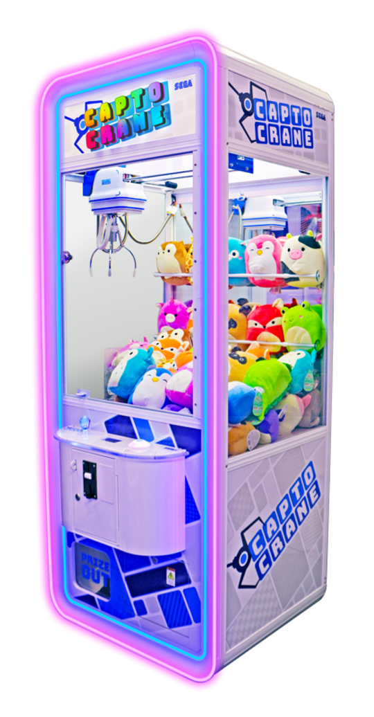 Captive Crane arcade machine with plush toys inside on a white background